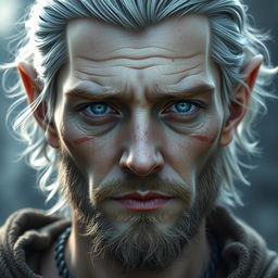 A handsome half-elf male with pale skin, featuring deep blue eyes that convey a sincere yet tired look