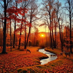 A serene landscape depicting a tranquil autumn forest during sunset, with golden leaves covering the ground and a gentle stream flowing through