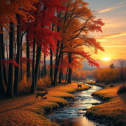 A serene landscape depicting a tranquil autumn forest during sunset, with golden leaves covering the ground and a gentle stream flowing through