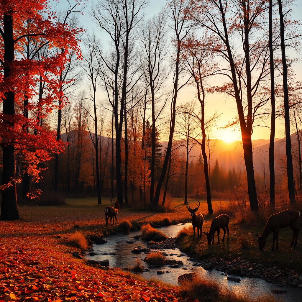 A serene landscape depicting a tranquil autumn forest during sunset, with golden leaves covering the ground and a gentle stream flowing through