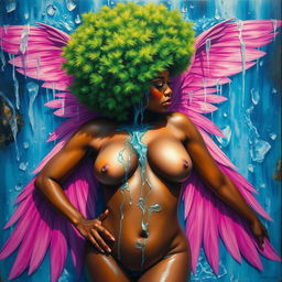 A polished, oil-based painting depicting a full nude, wet body from an aerial view of a gorgeous black woman with a bright green tree afro and pink wings