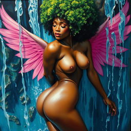 A polished, oil-based painting depicting a full nude, wet body from an aerial view of a gorgeous black woman with a bright green tree afro and pink wings