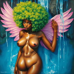 A polished, oil-based painting depicting a full nude, wet body from an aerial view of a gorgeous black woman with a bright green tree afro and pink wings