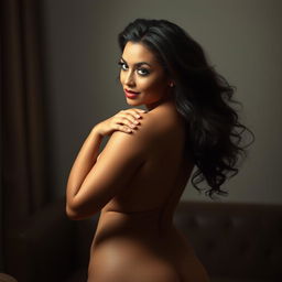 A beautiful, curvy woman poses with a confident and alluring demeanor