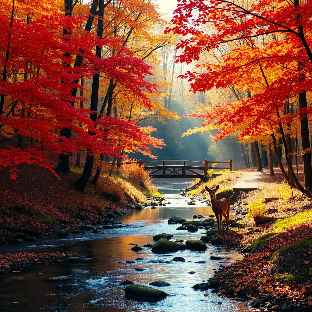 A serene forest landscape during autumn, showcasing vibrant red, orange, and yellow leaves