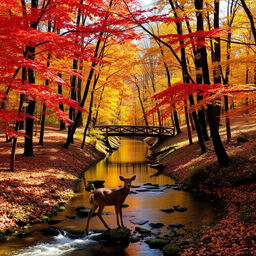 A serene forest landscape during autumn, showcasing vibrant red, orange, and yellow leaves