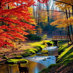 A serene forest landscape during autumn, showcasing vibrant red, orange, and yellow leaves