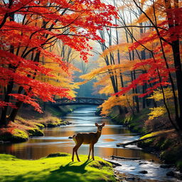 A serene forest landscape during autumn, showcasing vibrant red, orange, and yellow leaves