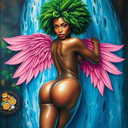 A polished, oil-based painting depicting a full nude, wet body from an aerial view of a gorgeous black woman with a bright green tree afro and pink wings