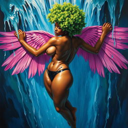 A polished, oil-based painting depicting a full nude, wet body from an aerial view of a gorgeous black woman with a bright green tree afro and pink wings