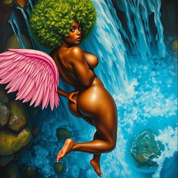 A polished, oil-based painting depicting a full nude, wet body from an aerial view of a gorgeous black woman with a bright green tree afro and pink wings