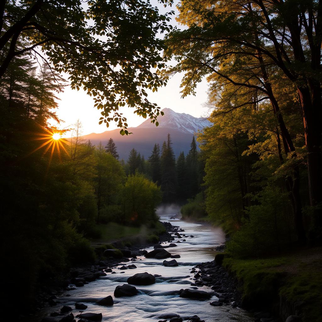 A serene forest landscape at dusk