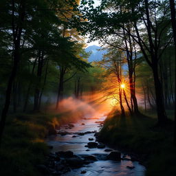 A serene forest landscape at dusk