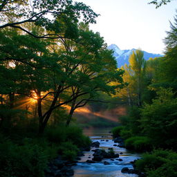 A serene forest landscape at dusk