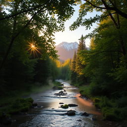 A serene forest landscape at dusk