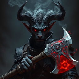 A male tiefling with black skin and red eyes, with a mysterious smoke emanating from both the eyes and the magical two-handed axe he wields