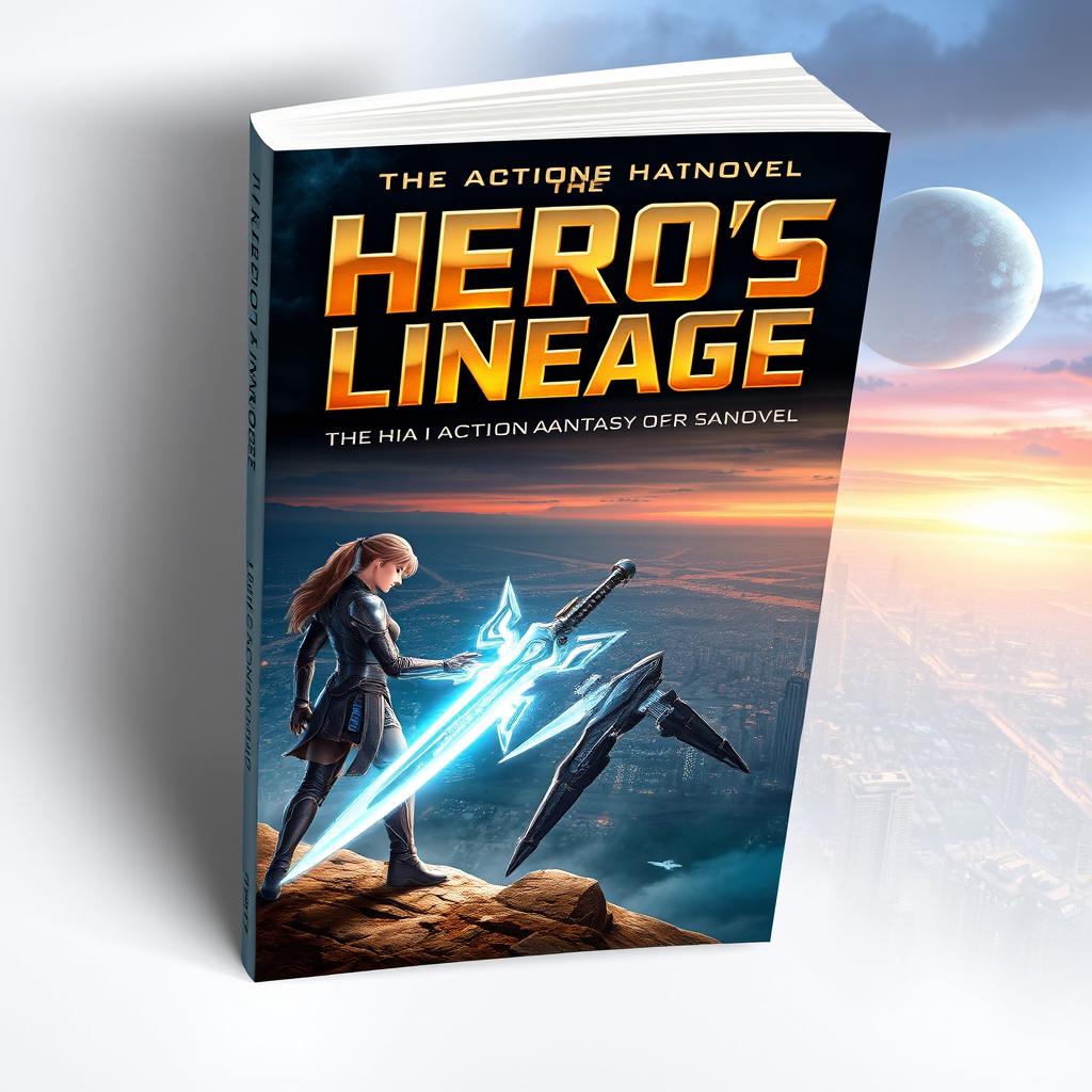 A captivating sci-fi action fantasy book cover for a novel titled "The Hero's Lineage