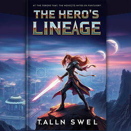 A captivating sci-fi action fantasy book cover for a novel titled "The Hero's Lineage