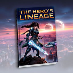 A captivating sci-fi action fantasy book cover for a novel titled "The Hero's Lineage