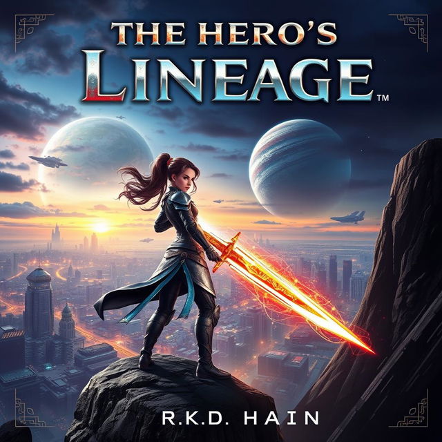 A captivating sci-fi action fantasy book cover for a novel titled "The Hero's Lineage