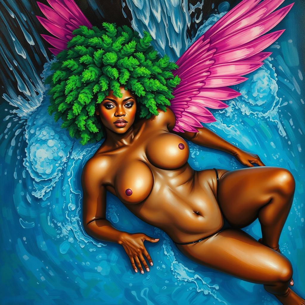 A polished, oil-based painting capturing a full nude, wet body aerial view of a gorgeous black woman with a bright green tree afro and pink wings