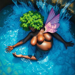 A polished, oil-based painting depicting a full nude, wet body from an aerial view of a gorgeous black woman with a bright green tree afro and pink wings