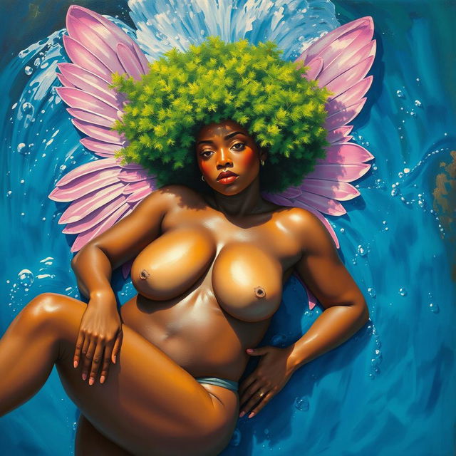 A polished, oil-based painting depicting a full nude, wet body from an aerial view of a gorgeous black woman with a bright green tree afro and pink wings