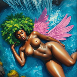 A polished, oil-based painting depicting a full nude, wet body from an aerial view of a gorgeous black woman with a bright green tree afro and pink wings