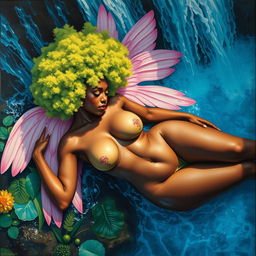 A polished, oil-based painting depicting a full nude, wet body aerial view of a gorgeous black woman with a bright green tree afro and pink wings