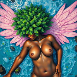 A polished, oil-based painting depicting a full nude, wet body aerial view of a gorgeous black woman with a bright green tree afro and pink wings