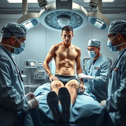 In a sterile, well-equipped surgical room, a determined and focused track athlete is carefully undergoing a sophisticated procedure