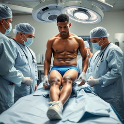 In a sterile, well-equipped surgical room, a determined and focused track athlete is carefully undergoing a sophisticated procedure