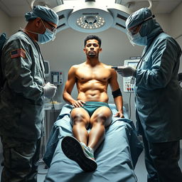 In a sterile, well-equipped surgical room, a determined and focused track athlete is carefully undergoing a sophisticated procedure