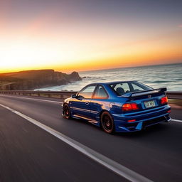 A Honda Civic EG6 speeding down a coastal highway