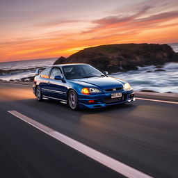 A Honda Civic EG6 speeding down a coastal highway