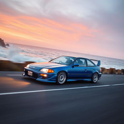 A Honda Civic EG6 speeding down a coastal highway