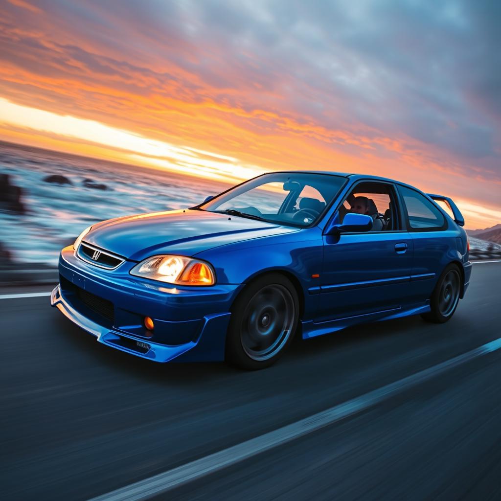 A Honda Civic EG6 speeding down a coastal highway