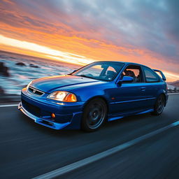 A Honda Civic EG6 speeding down a coastal highway