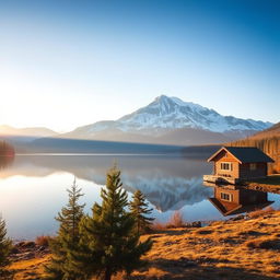 A picturesque landscape of a snow-capped mountain range during sunrise, reflecting on a crystal-clear lake