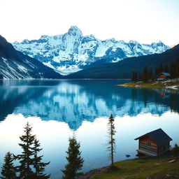 A picturesque landscape of a snow-capped mountain range during sunrise, reflecting on a crystal-clear lake