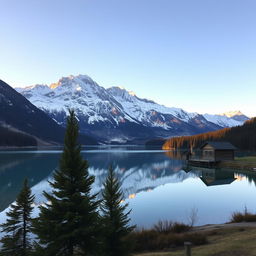 A picturesque landscape of a snow-capped mountain range during sunrise, reflecting on a crystal-clear lake