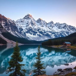 A picturesque landscape of a snow-capped mountain range during sunrise, reflecting on a crystal-clear lake