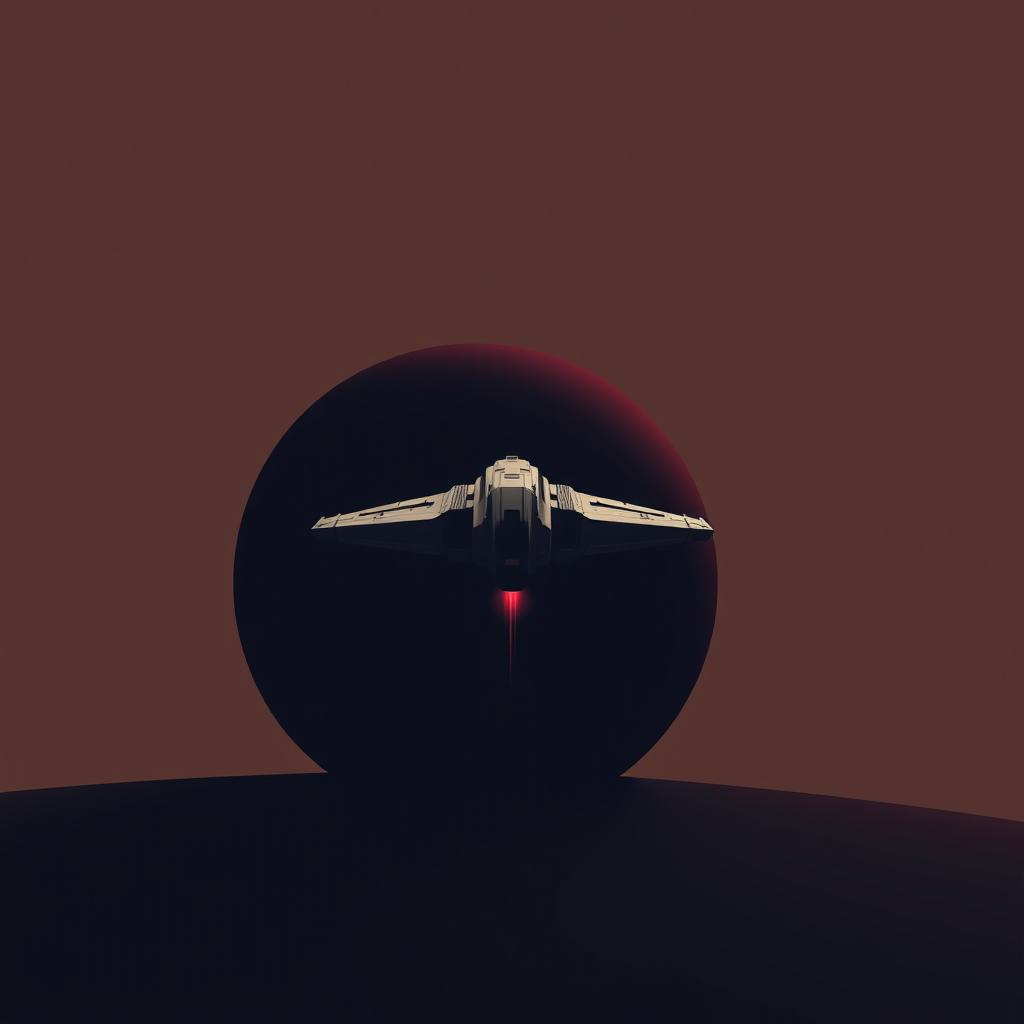 A spaceship approaching a black hole, using a dark color palette with hints of red