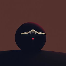 A spaceship approaching a black hole, using a dark color palette with hints of red