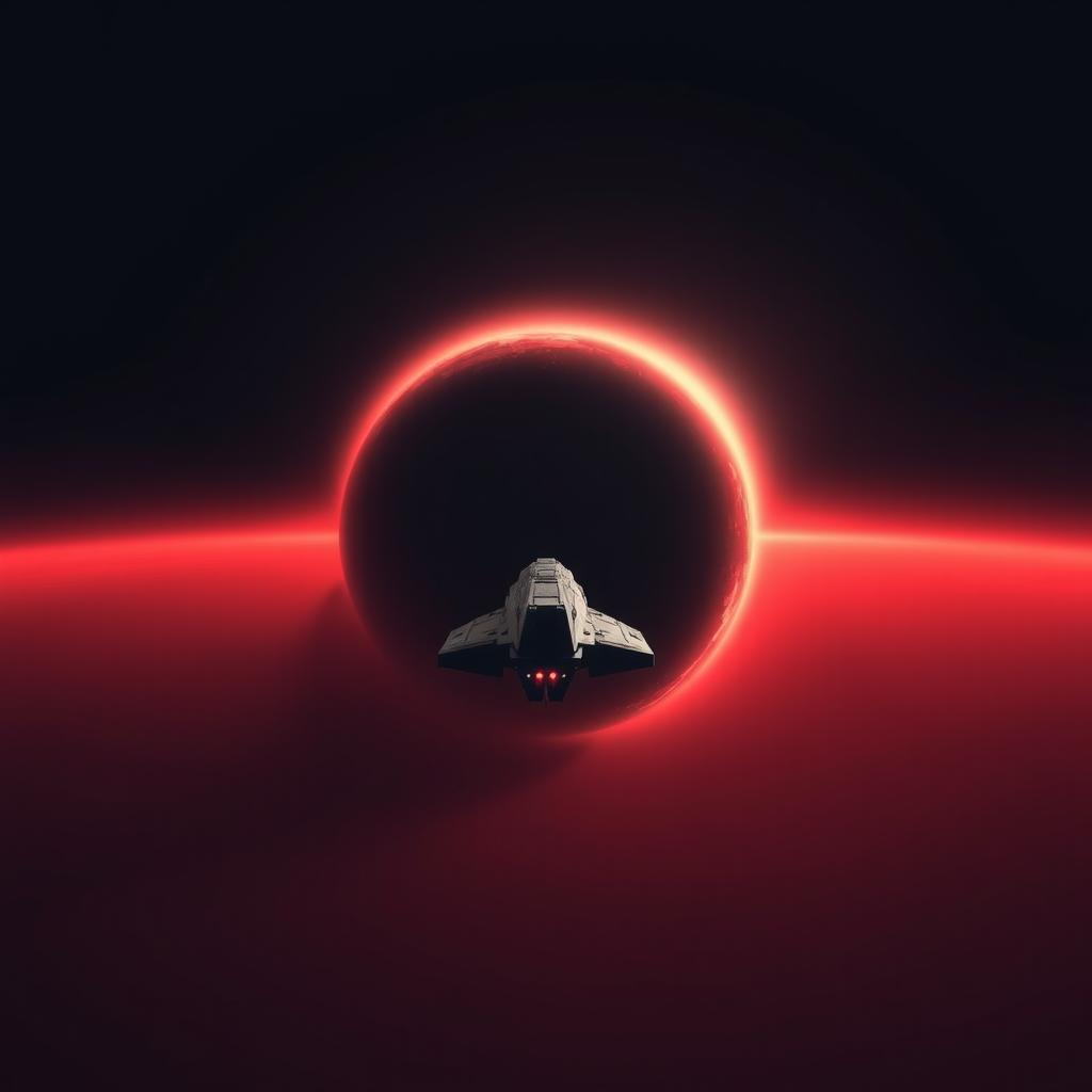 A spaceship approaching a black hole, using a dark color palette with hints of red