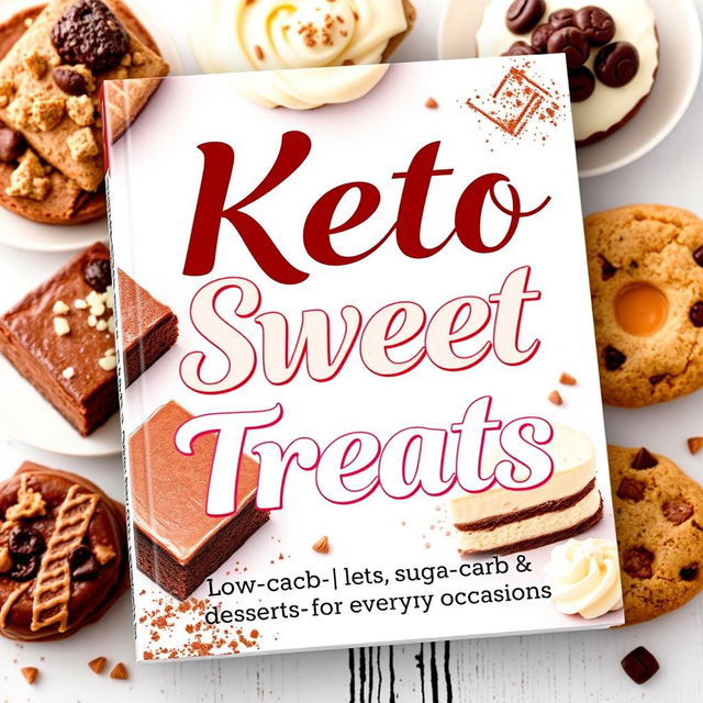 A vibrant and inviting book cover for a cookbook titled 'Keto Sweet Treats' with the subtitle 'Low-Carb, Sugar-Free Desserts for Every Occasion'