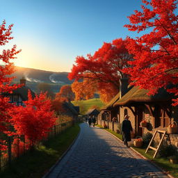 A serene landscape of a quaint village during autumn