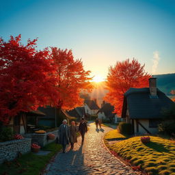 A serene landscape of a quaint village during autumn