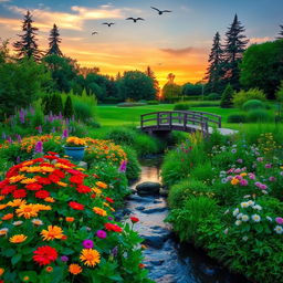 A serene landscape of a flourishing garden filled with vibrant flowers of various colors, a gentle stream flowing through it