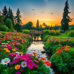 A serene landscape of a flourishing garden filled with vibrant flowers of various colors, a gentle stream flowing through it